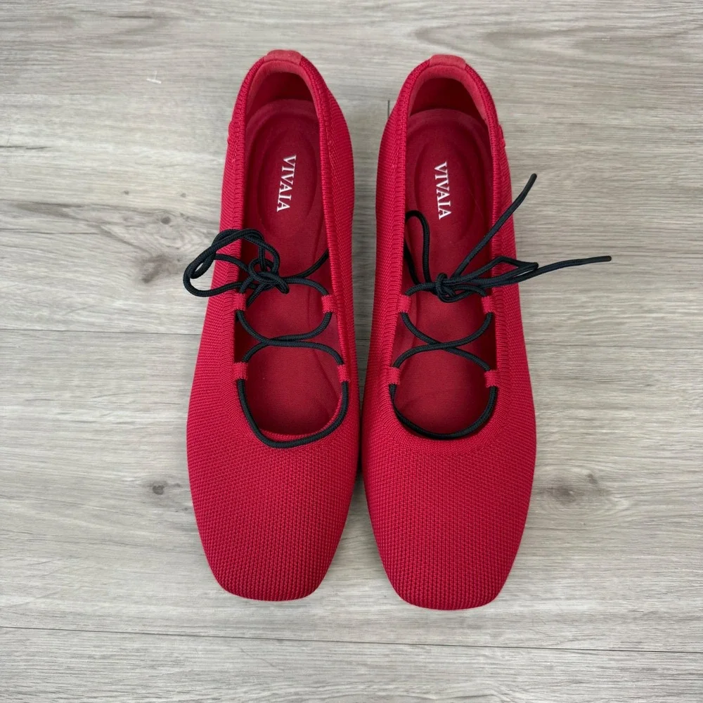 NEW Vivaia Ruby Red Square-Toe Lace Up Mary Janes Miley Flats Knit Size 39